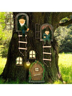 7 Pcs Fairy Garden Decor Set - Gnome Statues, Fairy Door & Tree Faces for